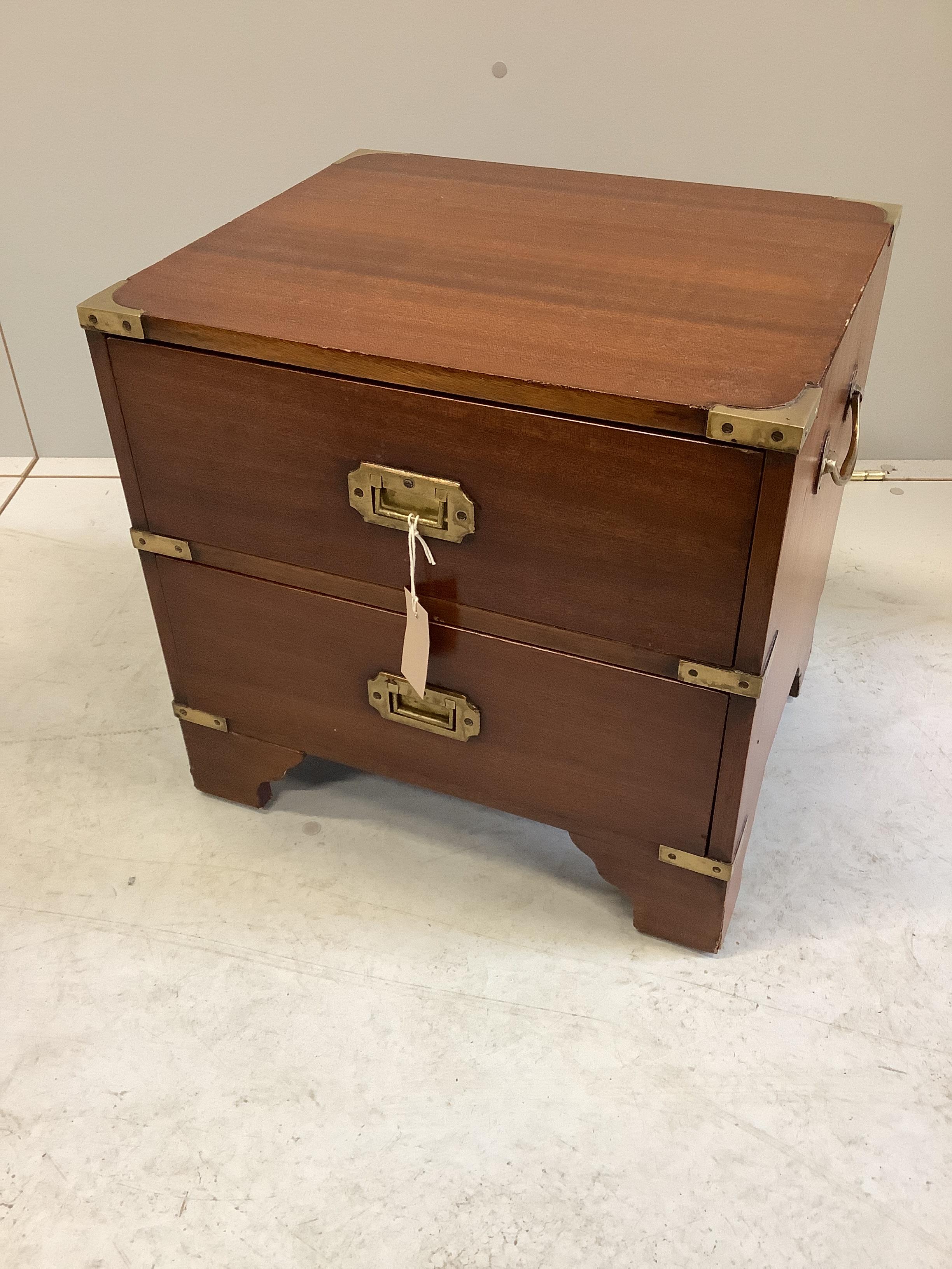 A reproduction military style brass mounted mahogany bedside chest, width 46cm, depth 38cm, height 44cm